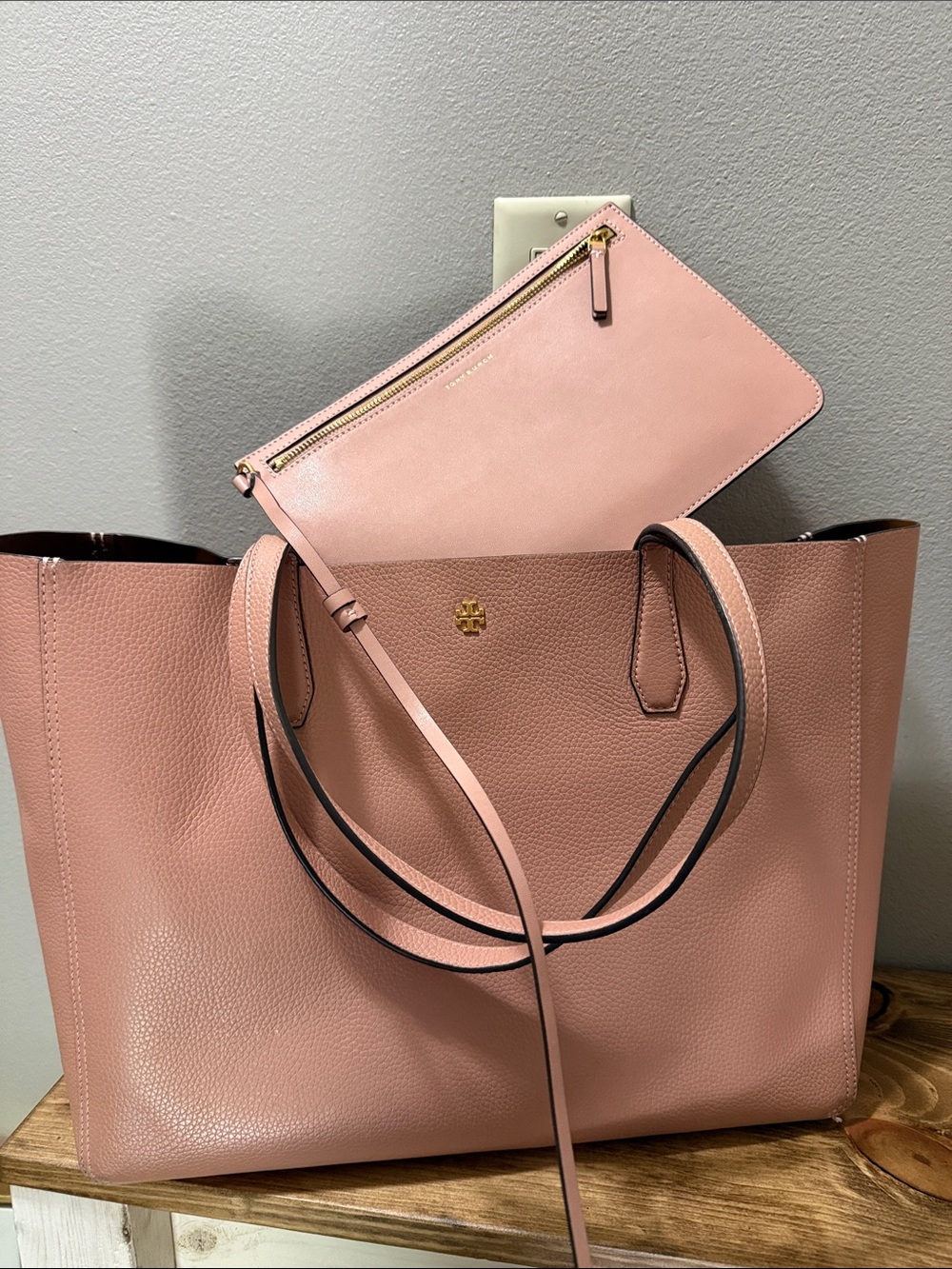 Tory Burch 85984 Blake Tote In Pink Moon Pebble Leather Bag & Zip Pouch - Picture 7 of 9